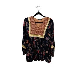 RD+Koko Black Floral Boho Tunic‎ Top Peasant Cottagecore Festival Blouse Size